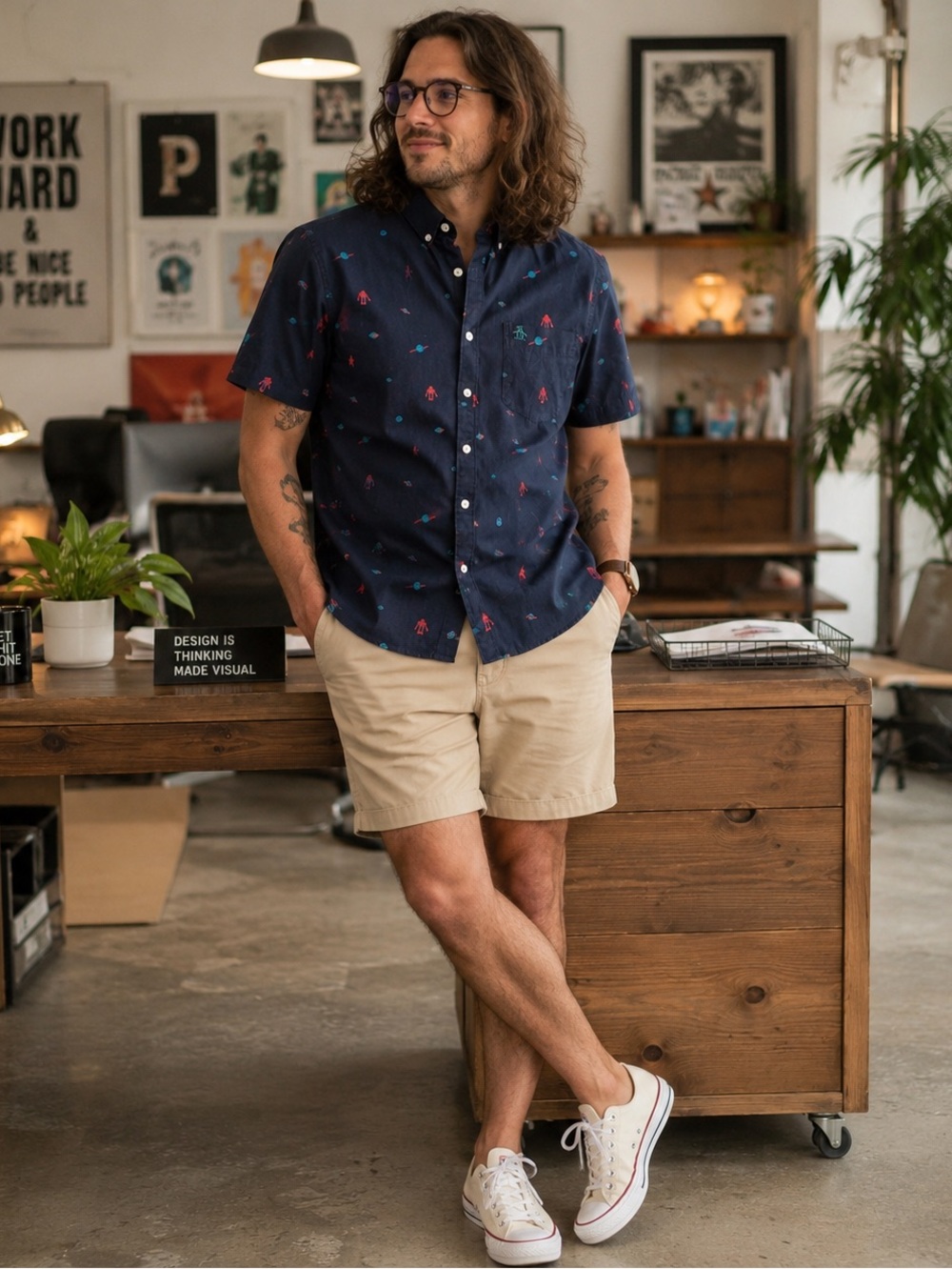 Original Penguin Space Print Button Down Navy Robot UFO Rocket Casual